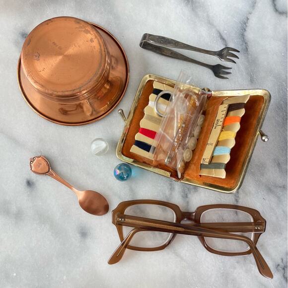 Vintage | Miscellaneous Misc Lot Random Items Marbles Glasses Copper Sewing Kit - Picture 1 of 7
